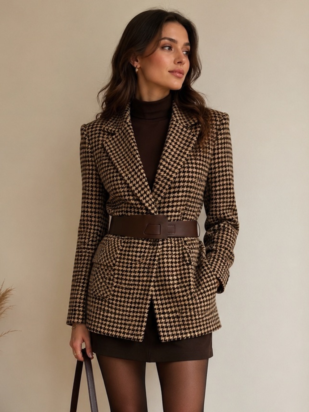 Commense Brown & Cream Houndstooth Belted Blazer
